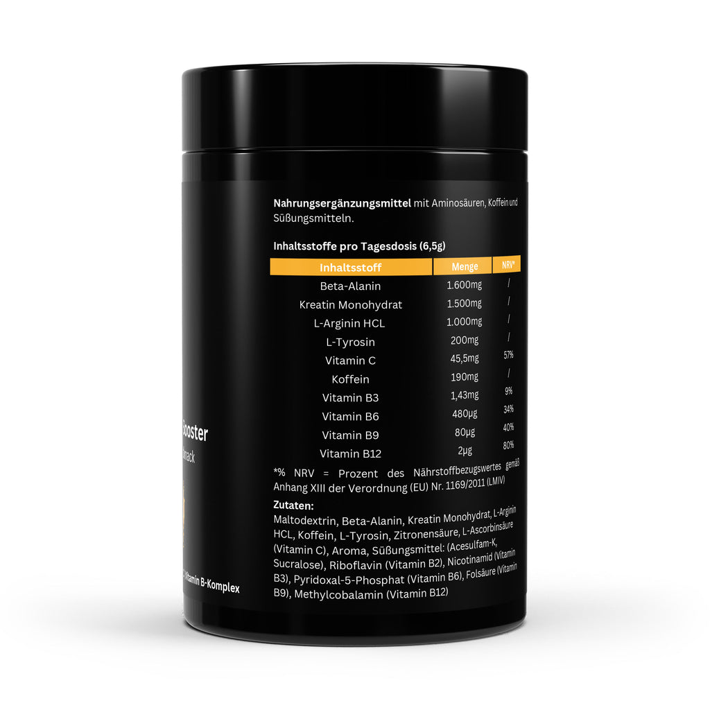 Pre-Workout Booster – Goût Orange – 520 g | Énergie, Endurance et Performance | Enrichi en Caféine, Créatine & Bêta-Alanine